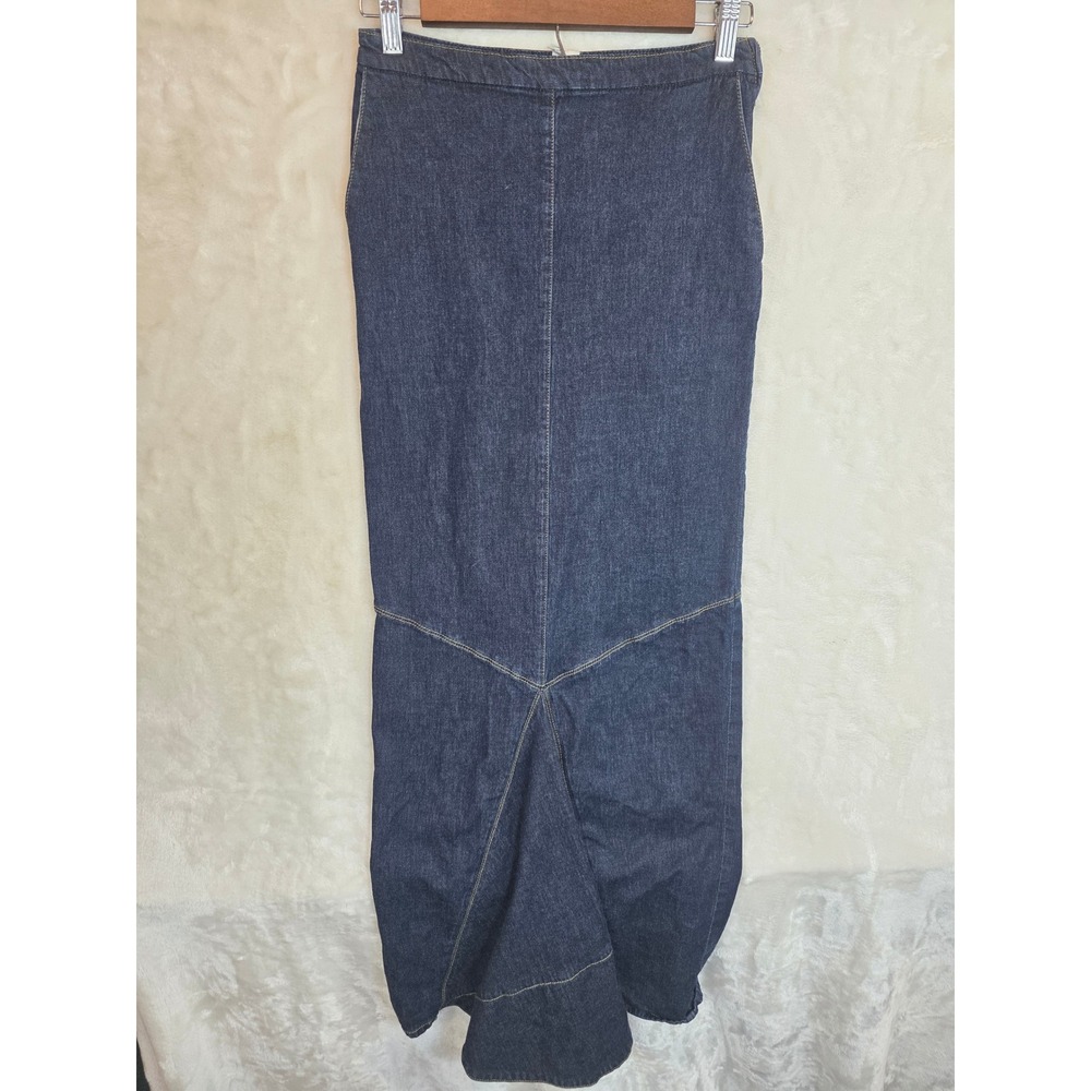 Bebe Moda Vintage Denim Maxi‎ Skirt Made in France Indigo Blue Trumpet Flared S